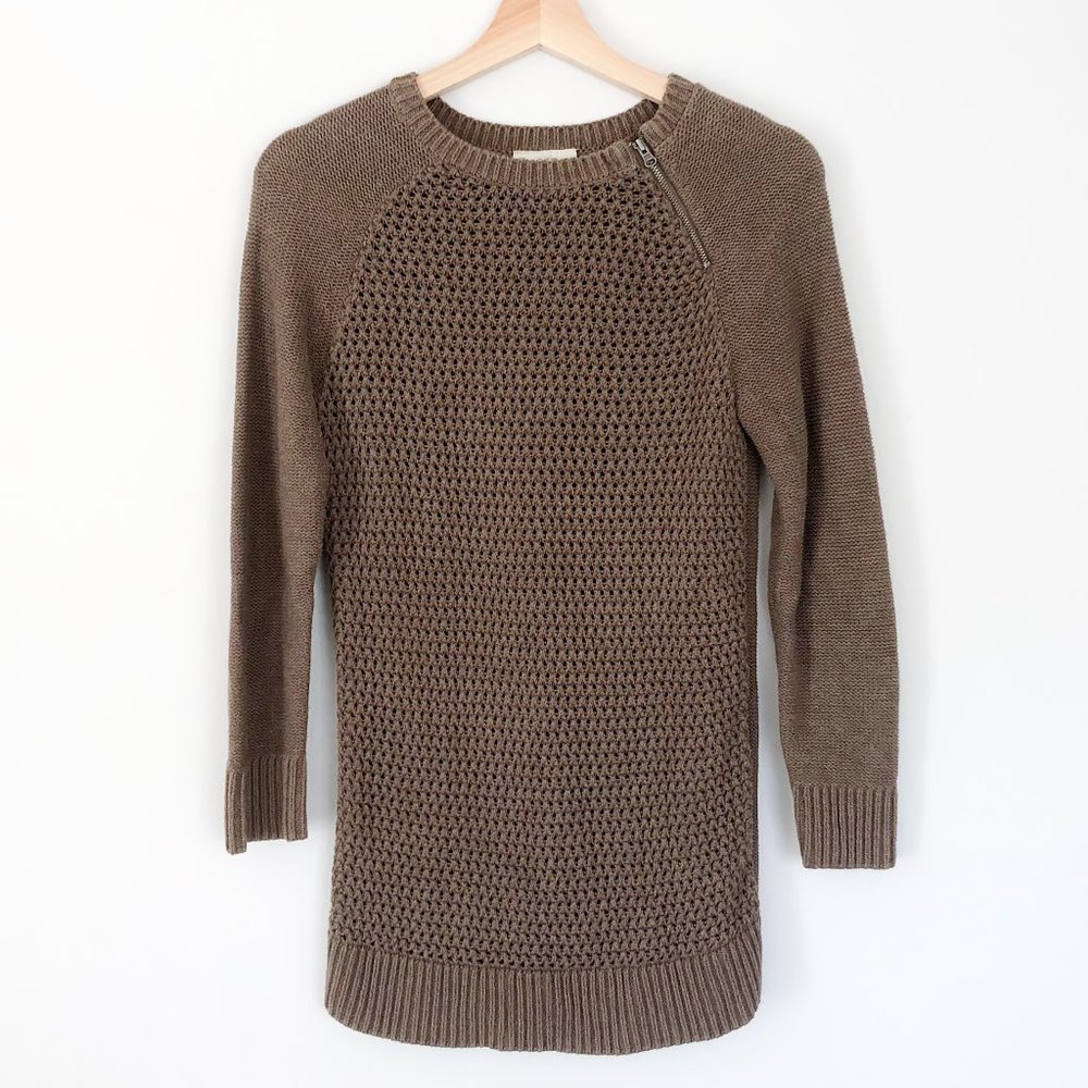 LOFT Brown 3/4 Sleeve Sweater With Zipper Detail